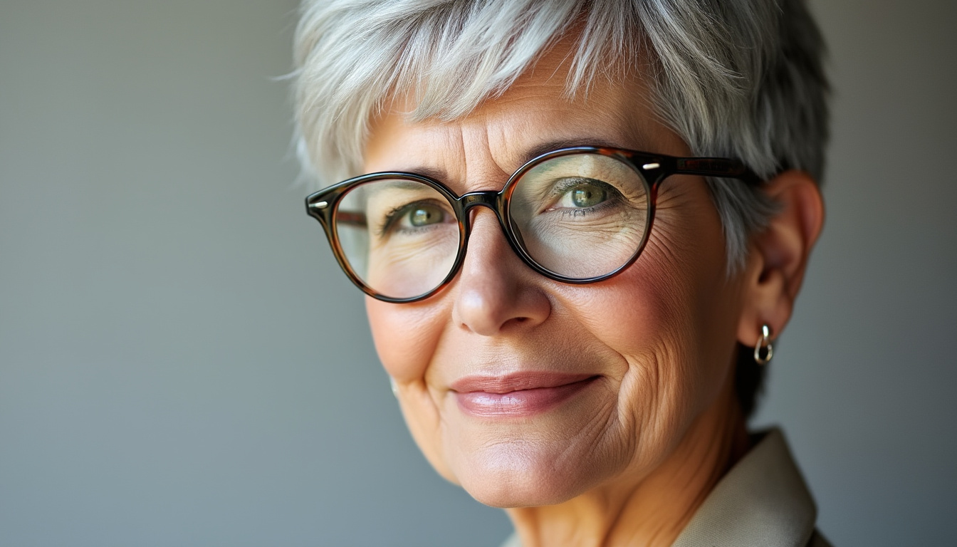 découvrez des idées de coupes de cheveux modernes et élégantes pour femmes de 65 ans portant des lunettes, adaptées à votre style et votre visage.